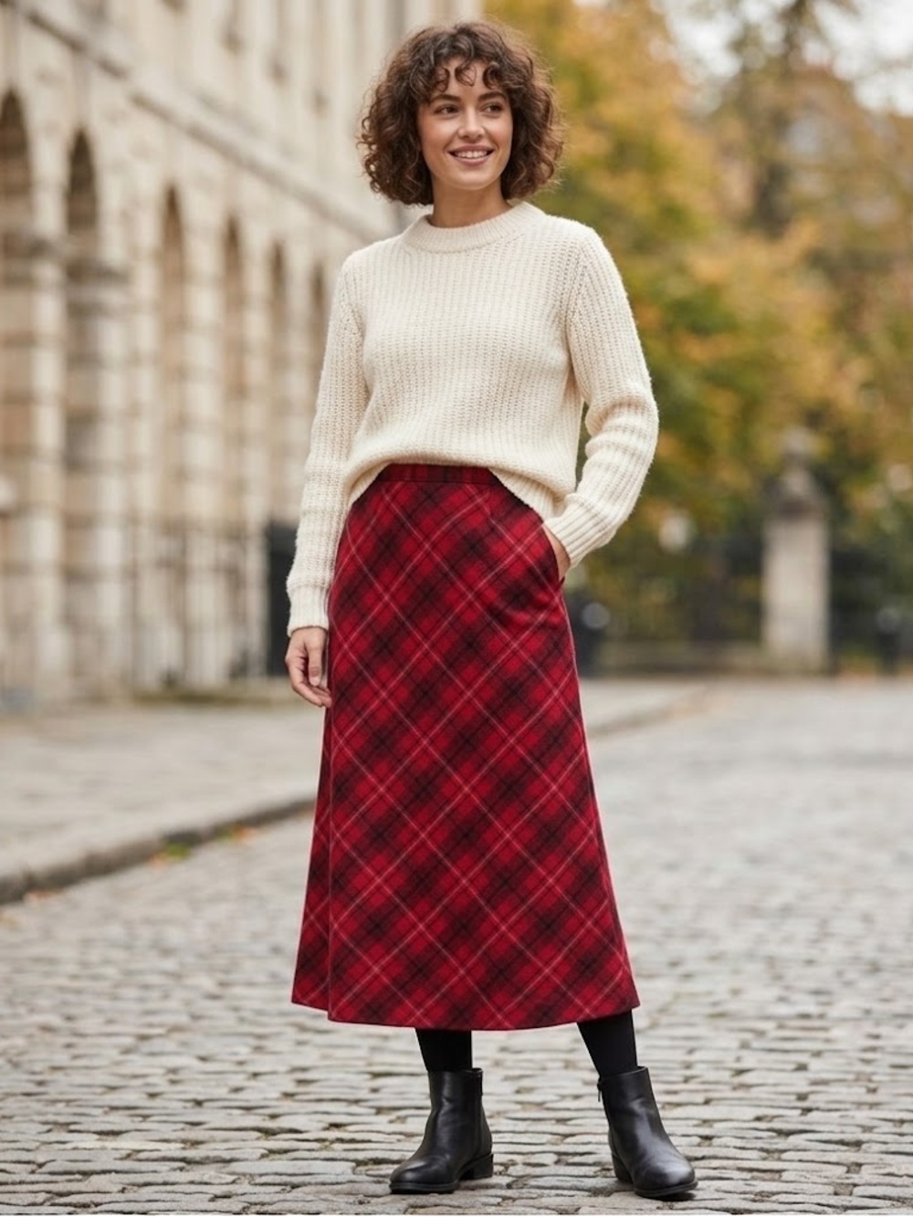 Vintage Chadwicks Red Plaid Wool Midi A-Line Skirt, Size 2P, Lined, Winter Fall